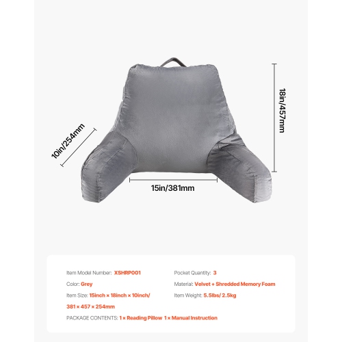 VEVOR 3 Pockets Reading Pillow, Standard Size Bed Pillow with Shredded Memory Foam, Back Pillow with Washable Short Velvet Cloth, Top with Handle,