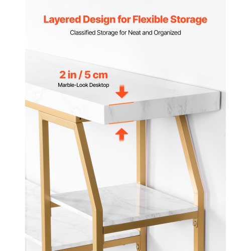 Console en marbre VEVOR à 3 niveaux, console moderne pour rangement ouvert, table géométrique dorée avec tubes en fer, dispositif antibasculement et