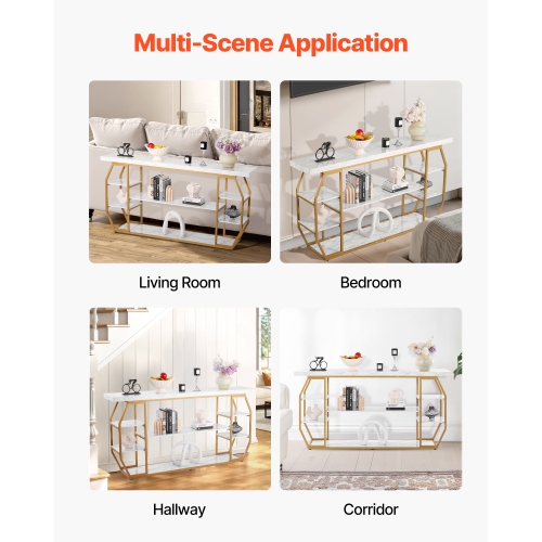 Console en marbre VEVOR à 3 niveaux, console moderne pour rangement ouvert, table géométrique dorée avec tubes en fer, dispositif antibasculement et