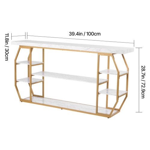 Console en marbre VEVOR à 3 niveaux, console moderne pour rangement ouvert, table géométrique dorée avec tubes en fer, dispositif antibasculement et