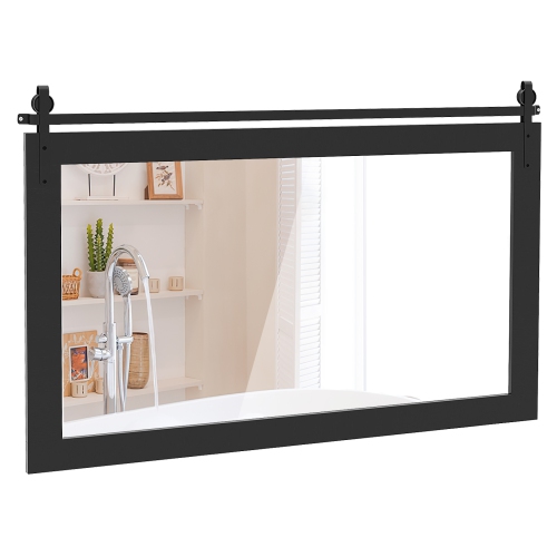 GYMAX  Farmhouse Bathroom Wall Mounted Mirror 40" X 26" Explosion-Proof Fir Wood Frame