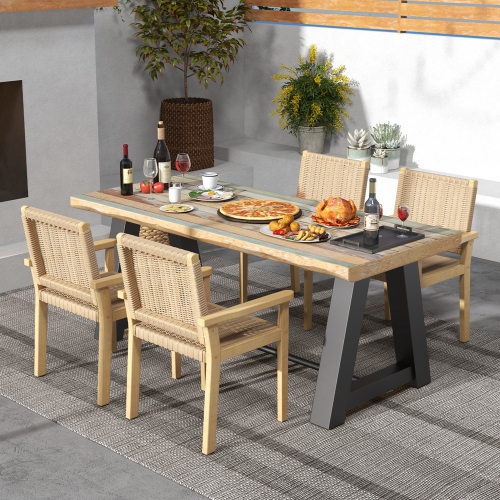 Ensemble de chaises de patio de Costway avec fauteuils de salle à manger en hévéa 2/4 Balcon à siège tissé en papier