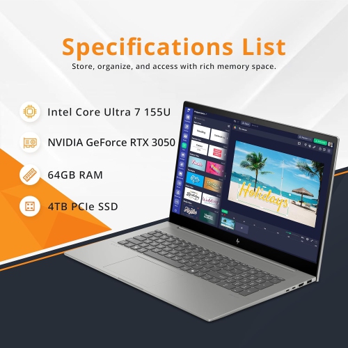 Refurbished - HP Envy 17.3" FHD Touchscreen Laptop, Intel Core Ultra 7 155U, 4TB PCle SSD, 64GB RAM, NVIDIA GeForce RTX 3050, Backlit Keyboard, Wi-Fi