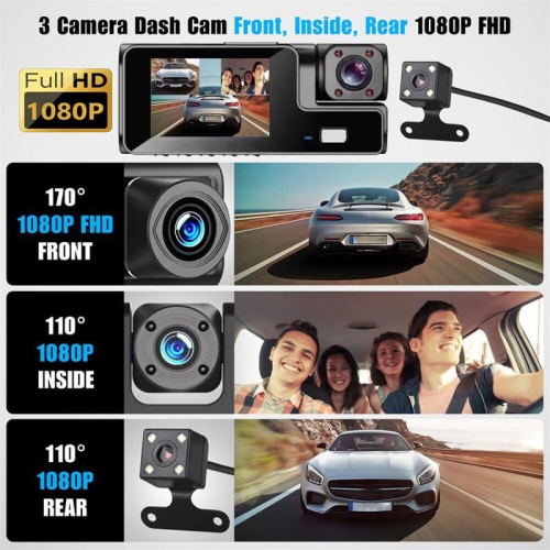 3 Channel Dash Camera for Car Front & Rear Inside Dashcam Car Video Recorder,170° Wide Angle Vehicle Cam,WDR,G-Sensor,Night Vision,Portable Car Dash