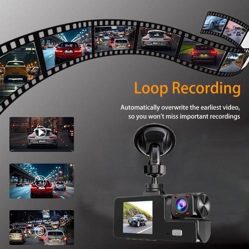 3 Channel Dash Camera for Car Front & Rear Inside Dashcam Car Video Recorder,170° Wide Angle Vehicle Cam,WDR,G-Sensor,Night Vision,Portable Car Dash