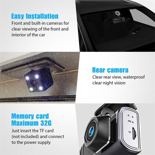 3 Channel Dash Camera for Car Front & Rear Inside Dashcam Car Video Recorder,170° Wide Angle Vehicle Cam,WDR,G-Sensor,Night Vision,Portable Car Dash