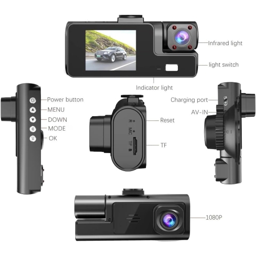 3 Channel Dash Camera for Car Front & Rear Inside Dashcam Car Video Recorder,170° Wide Angle Vehicle Cam,WDR,G-Sensor,Night Vision,Portable Car Dash
