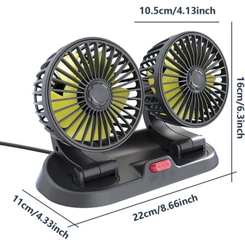 360°Adjustable Dual-Head Car Fan with 2 Speeds, 12V Cigarette Lighter, Suitable for Trucks, Sedans, SUVs, RVs, Boats, and Cars
