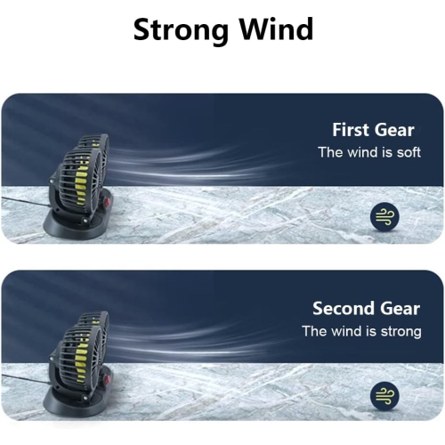 360°Adjustable Dual-Head Car Fan with 2 Speeds, 12V Cigarette Lighter, Suitable for Trucks, Sedans, SUVs, RVs, Boats, and Cars