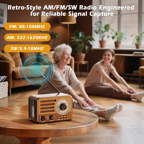 Radio à transistor rétro, AM FM SW alimenté par piles, petite radio portative rechargeable, prise en charge de la carte TF/lecteur MP3 auxiliaire/USB