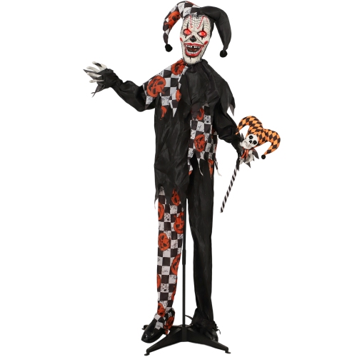 OUTSUNNY  6Ft Life Size Halloween Animatronics Standing Clown & Skull Staff \w Light Up Eyes, Sound Activated Scary Halloween Decorations, Battery