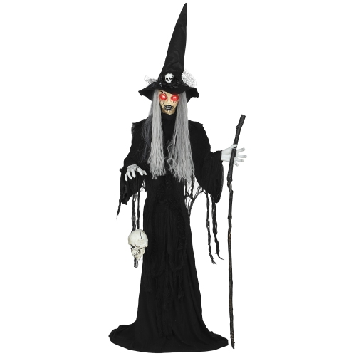 OUTSUNNY  5.6Ft Life-Size Halloween Animatronics Standing Witch, Animated Wicked Witch \w Sound Activated Moving Arms And Head, Flashing Eyes, Scary