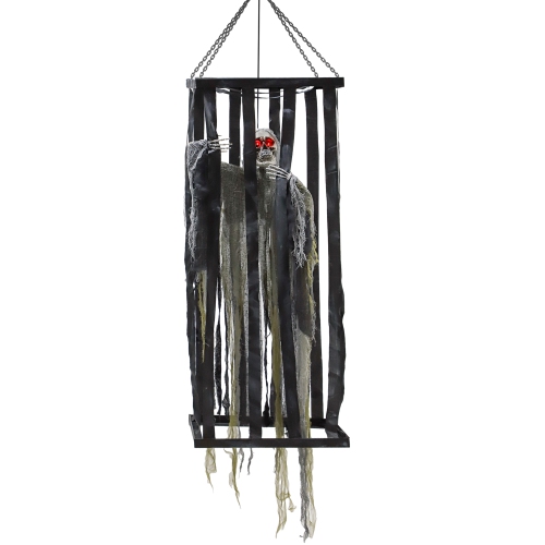 OUTSUNNY  6.6Ft Life-Size Halloween Animatronics Hanging Skeleton Reaper In Cage, Animated Decoration w Flashing Eyes, Sound Activated Halloween