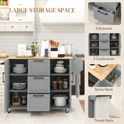 HOMCOM Kitchen Island with Drop Leaf, Rolling Kitchen Cart on Wheels with 3 Drawers, 2 Cabinets, Natural Wood Top, Spice Rack and Towel Rack, Grey
