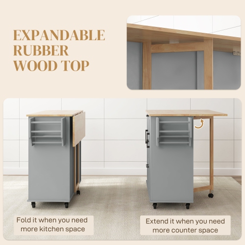 HOMCOM Kitchen Island with Drop Leaf, Rolling Kitchen Cart on Wheels with 3 Drawers, 2 Cabinets, Natural Wood Top, Spice Rack and Towel Rack, Grey