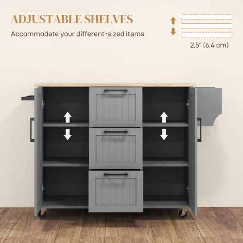 HOMCOM Kitchen Island with Drop Leaf, Rolling Kitchen Cart on Wheels with 3 Drawers, 2 Cabinets, Natural Wood Top, Spice Rack and Towel Rack, Grey