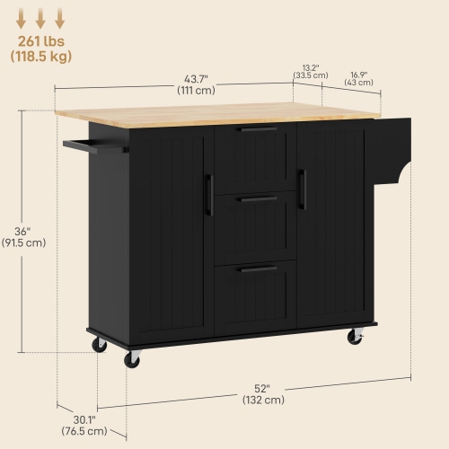 HOMCOM Kitchen Island with Drop Leaf, Rolling Kitchen Cart on Wheels with 3 Drawers, 2 Cabinets, Natural Wood Top, Spice Rack and Towel Rack, Black