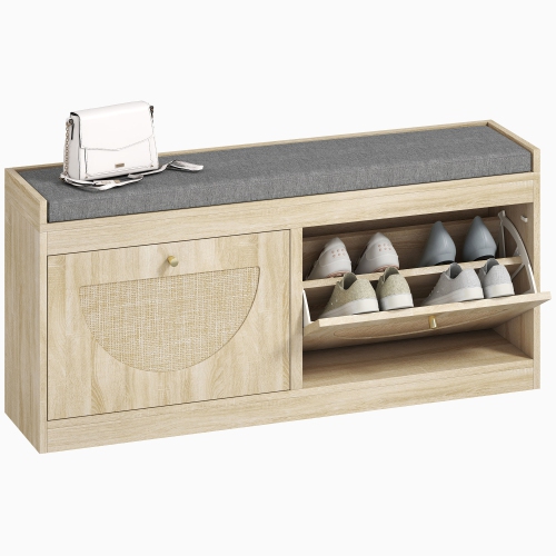 HOMCOM Shoe Storage Bench with Flip Rattan Doors, Removable Seat Cushion, Adjustable Shelves for 8 Pairs, Boho Entryway Bench for Bedroom, Living