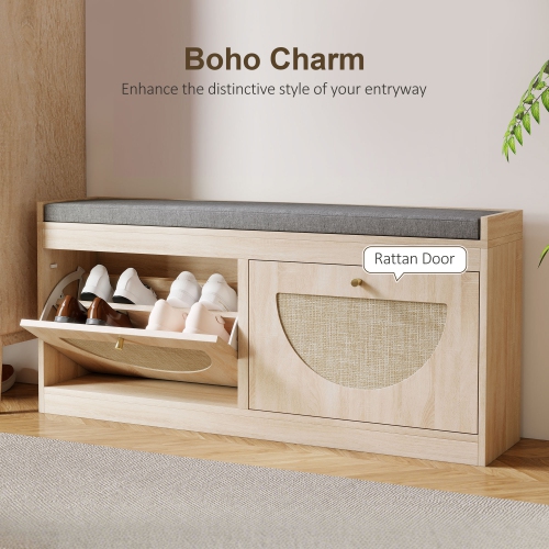 HOMCOM Shoe Storage Bench with Flip Rattan Doors, Removable Seat Cushion, Adjustable Shelves for 8 Pairs, Boho Entryway Bench for Bedroom, Living