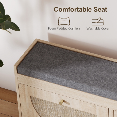 HOMCOM Shoe Storage Bench with Flip Rattan Doors, Removable Seat Cushion, Adjustable Shelves for 8 Pairs, Boho Entryway Bench for Bedroom, Living