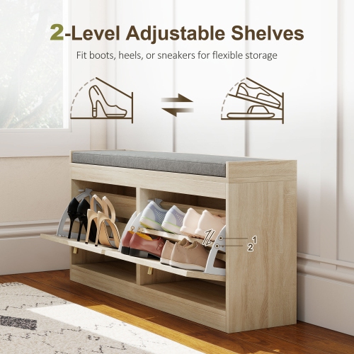 HOMCOM Shoe Storage Bench with Flip Rattan Doors, Removable Seat Cushion, Adjustable Shelves for 8 Pairs, Boho Entryway Bench for Bedroom, Living