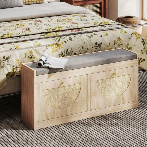 HOMCOM Shoe Storage Bench with Flip Rattan Doors, Removable Seat Cushion, Adjustable Shelves for 8 Pairs, Boho Entryway Bench for Bedroom, Living