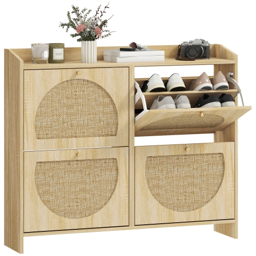 HOMCOM  Narrow Shoe Cabinet for Entryway, Boho Slim Shoe Storage Cabinet \w 4 Flip Drawers, Rattan Doors And Adjustable Shelves for Hallway, Holds 16