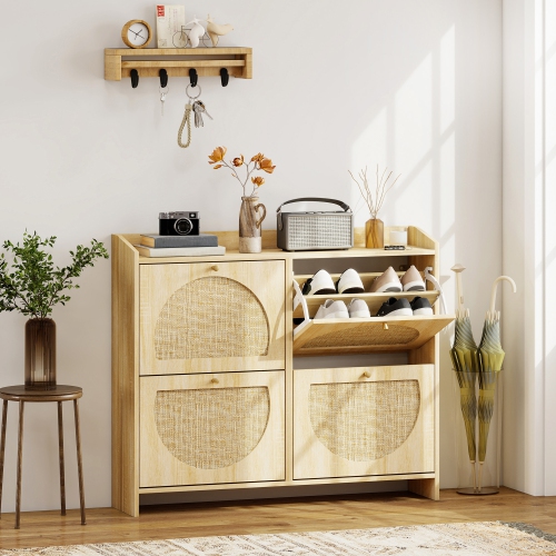 HOMCOM Narrow Shoe Cabinet for Entryway, Boho Slim Shoe Storage Cabinet with 4 Flip Drawers, Rattan Doors and Adjustable Shelves for Hallway, Holds