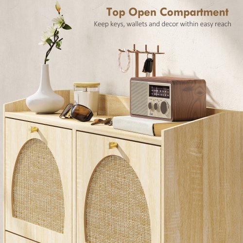 HOMCOM Narrow Shoe Cabinet for Entryway, Boho Slim Shoe Storage Cabinet with 4 Flip Drawers, Rattan Doors and Adjustable Shelves for Hallway, Holds