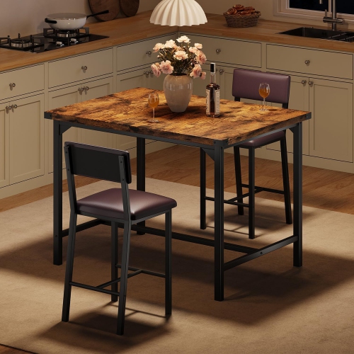 Ensemble de table de cuisine 3 pièces avec 2 tabourets rembourrés pour la cuisine, appartement, brun