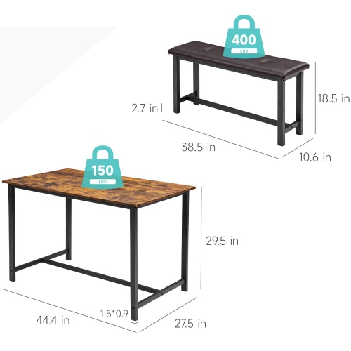 Ensemble 3 pièces avec table de salle à manger rectangulaire Farmhouse et 2 banc rembourré pour appartement
