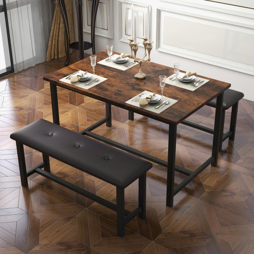 Ensemble 3 pièces avec table de salle à manger rectangulaire Farmhouse et 2 banc rembourré pour appartement