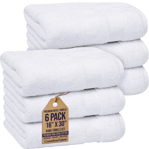 CANADIAN LINEN  Premium Hotel Large Hand Towels Set, 16”X30”, 6 Pack White, Soft Absorbent Lightweight Quick Dry Cotton Towels for Bathroom