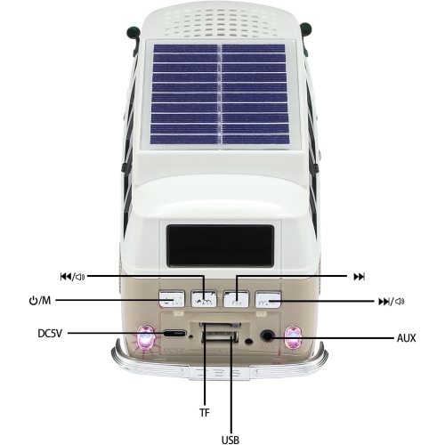 Solar Retro Minibus Bluetooth Speaker Wireless – FM Radio, Solar Charging Wireless Speaker TWS Stereo, HD Sound, LED Party Lights, Hands Free Link,