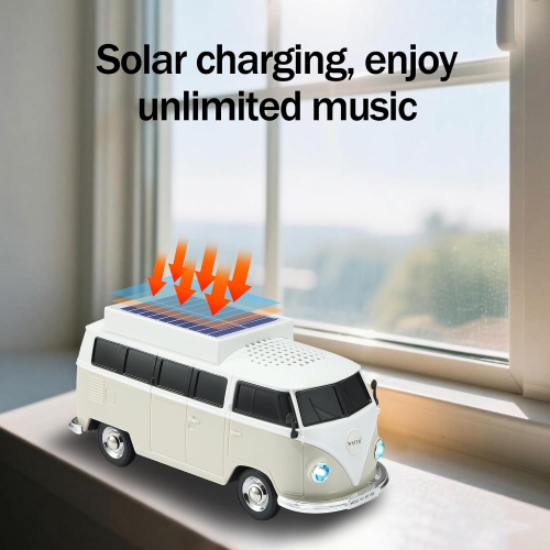 Solar Retro Minibus Bluetooth Speaker Wireless – FM Radio, Solar Charging Wireless Speaker TWS Stereo, HD Sound, LED Party Lights, Hands Free Link,