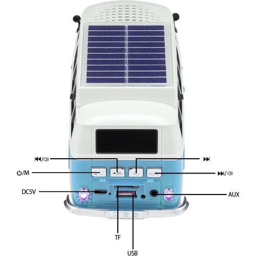 Solar Retro Minibus Bluetooth Speaker Wireless – FM Radio, Solar Charging Wireless Speaker TWS Stereo, HD Sound, LED Party Lights, Hands Free Link,