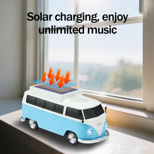 Solar Retro Minibus Bluetooth Speaker Wireless – FM Radio, Solar Charging Wireless Speaker TWS Stereo, HD Sound, LED Party Lights, Hands Free Link,