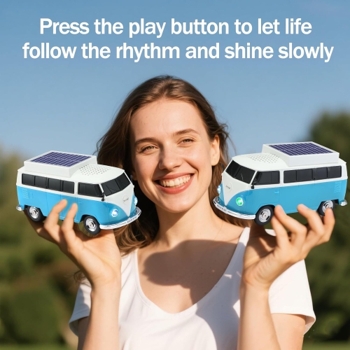 Solar Retro Minibus Bluetooth Speaker Wireless – FM Radio, Solar Charging Wireless Speaker TWS Stereo, HD Sound, LED Party Lights, Hands Free Link,