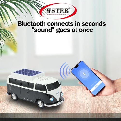 Haut-parleur Bluetooth sans fil Solar Retro Minibus – Radio FM, Haut-parleur sans fil à chargement solaire TWS stéréo, son HD, lumières de fête LED,