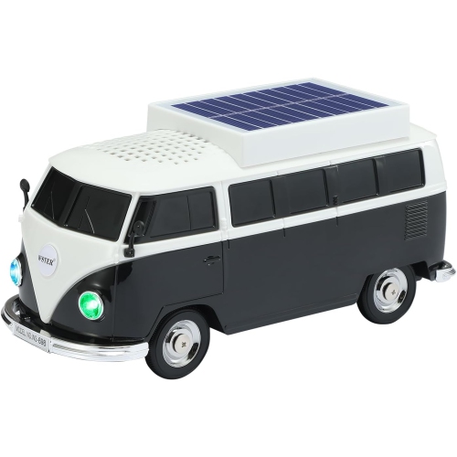 Haut-parleur Bluetooth sans fil Solar Retro Minibus – Radio FM, Haut-parleur sans fil à chargement solaire TWS stéréo, son HD, lumières de fête LED,