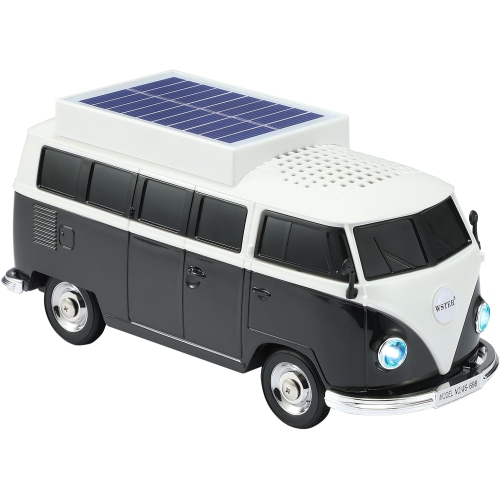 Haut-parleur Bluetooth sans fil Solar Retro Minibus – Radio FM, Haut-parleur sans fil à chargement solaire TWS stéréo, son HD, lumières de fête LED,