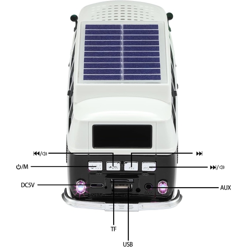 Haut-parleur Bluetooth sans fil Solar Retro Minibus – Radio FM, Haut-parleur sans fil à chargement solaire TWS stéréo, son HD, lumières de fête LED,