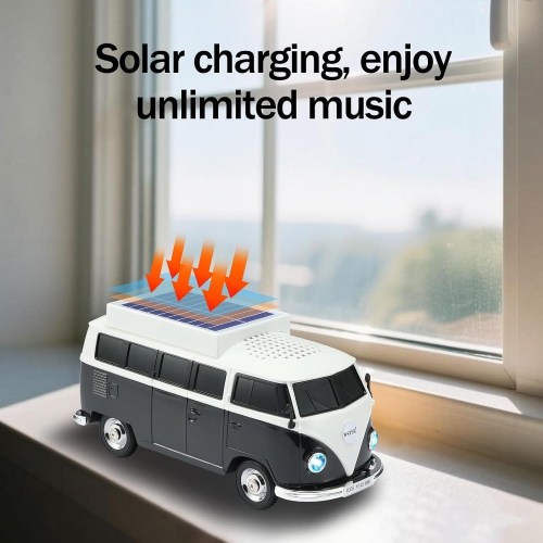 Haut-parleur Bluetooth sans fil Solar Retro Minibus – Radio FM, Haut-parleur sans fil à chargement solaire TWS stéréo, son HD, lumières de fête LED,