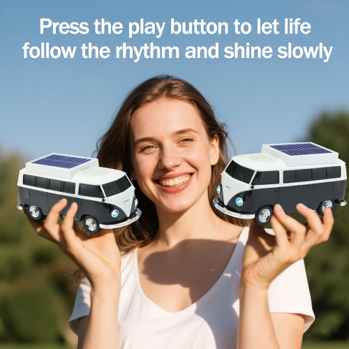 Haut-parleur Bluetooth sans fil Solar Retro Minibus – Radio FM, Haut-parleur sans fil à chargement solaire TWS stéréo, son HD, lumières de fête LED,