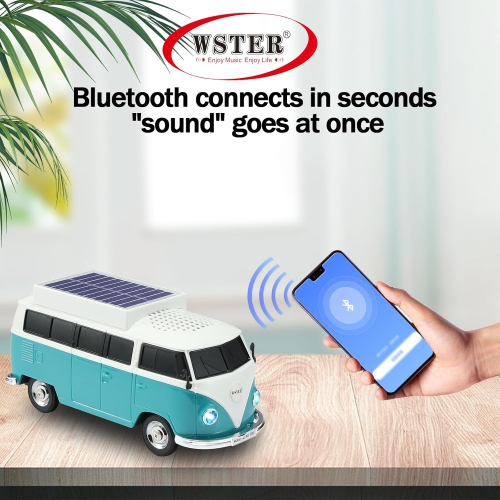 Haut-parleur Bluetooth sans fil Solar Retro Minibus – Radio FM, Haut-parleur sans fil à chargement solaire TWS stéréo, son HD, lumières de fête LED,