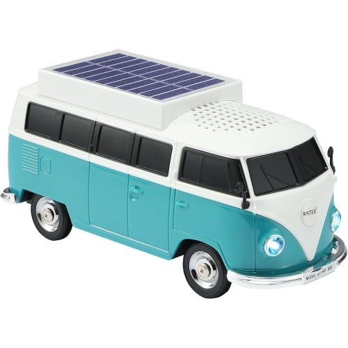 Haut-parleur Bluetooth sans fil Solar Retro Minibus – Radio FM, Haut-parleur sans fil à chargement solaire TWS stéréo, son HD, lumières de fête LED,