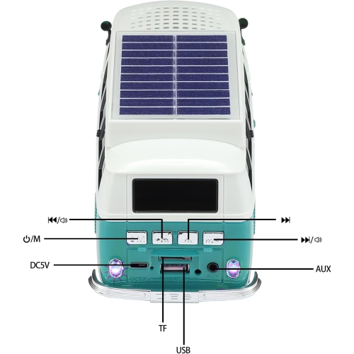Haut-parleur Bluetooth sans fil Solar Retro Minibus – Radio FM, Haut-parleur sans fil à chargement solaire TWS stéréo, son HD, lumières de fête LED,