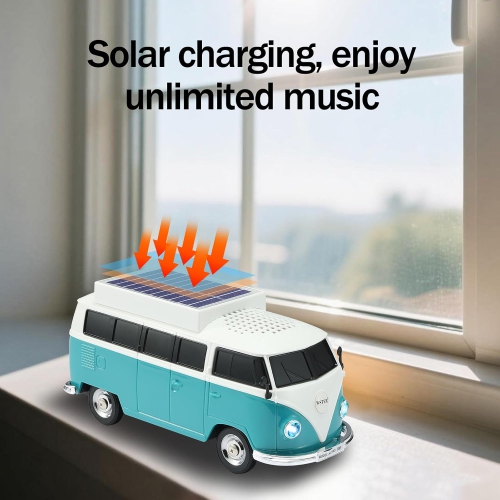 Haut-parleur Bluetooth sans fil Solar Retro Minibus – Radio FM, Haut-parleur sans fil à chargement solaire TWS stéréo, son HD, lumières de fête LED,