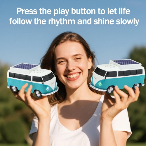 Haut-parleur Bluetooth sans fil Solar Retro Minibus – Radio FM, Haut-parleur sans fil à chargement solaire TWS stéréo, son HD, lumières de fête LED,