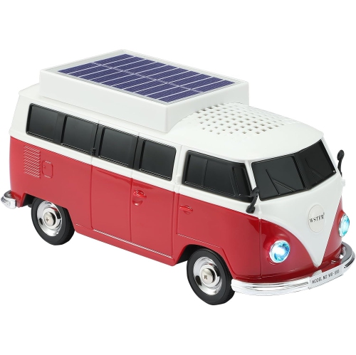 Solar Retro Minibus Bluetooth Speaker Wireless – FM Radio, Solar Charging Wireless Speaker TWS Stereo, HD Sound, LED Party Lights, Hands Free Link,